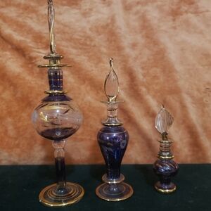 🎀 Majestic Vtg. Egyptian Blown Glass Perfume Bottles (Set of 3) Amethyst & Gold